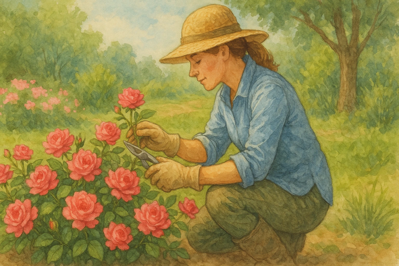 A woman cares about a Drift rose bush in the garden.