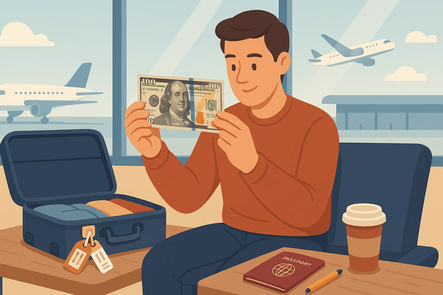 A traveller holds a $100 bill in the airport.