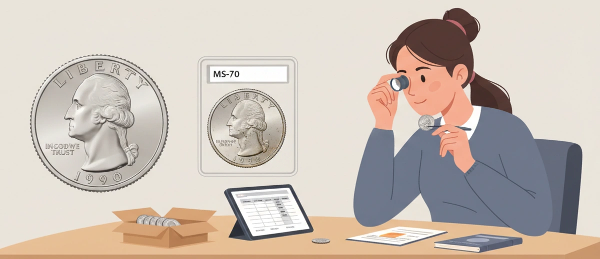 A collector comparing two 1990 Washington quarters, examining condition differences