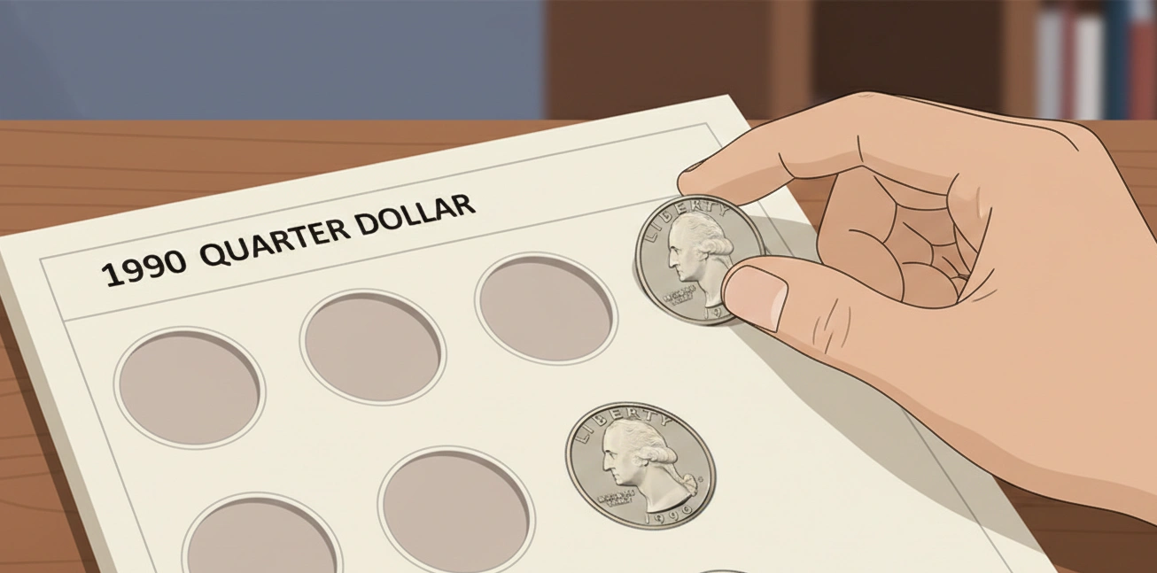 A coin album page labeled “1990 Quarter” with slot being filled