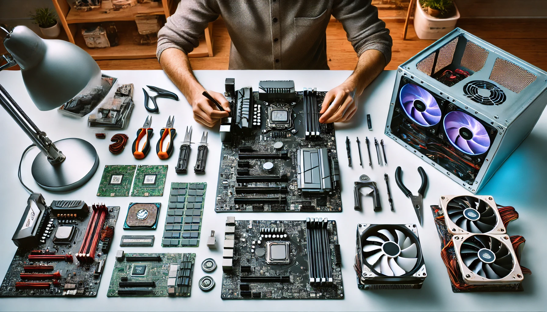 A detailed and organized workspace showing a person assembling a custom PC, with components like the CPU, GPU, motherboard, RAM, SSD, and cooling systems laid out