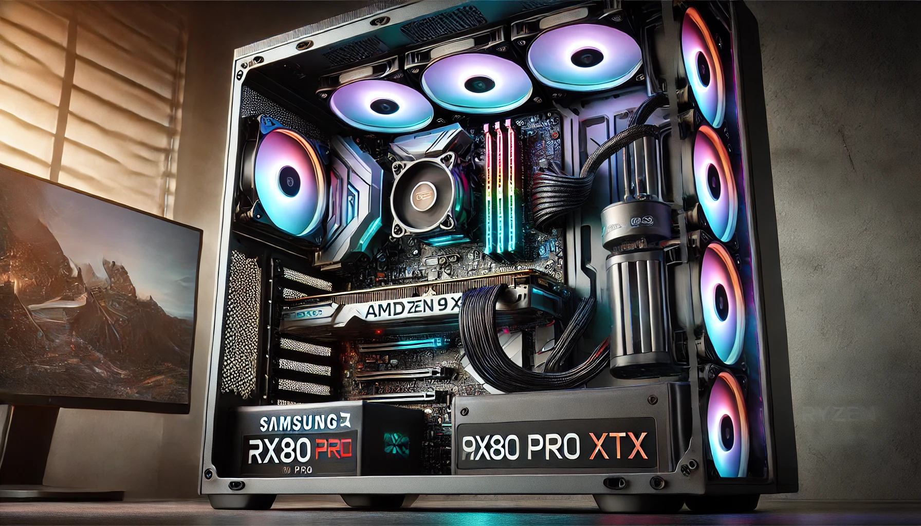 A detailed close-up of the interior of a high-end gaming PC, showcasing components like the AMD Ryzen 9 7950X CPU, AMD Radeon RX 7900 XTX GPU, Samsung 980 Pro M.2 NVMe SSD, and Corsair AX1600i power supply