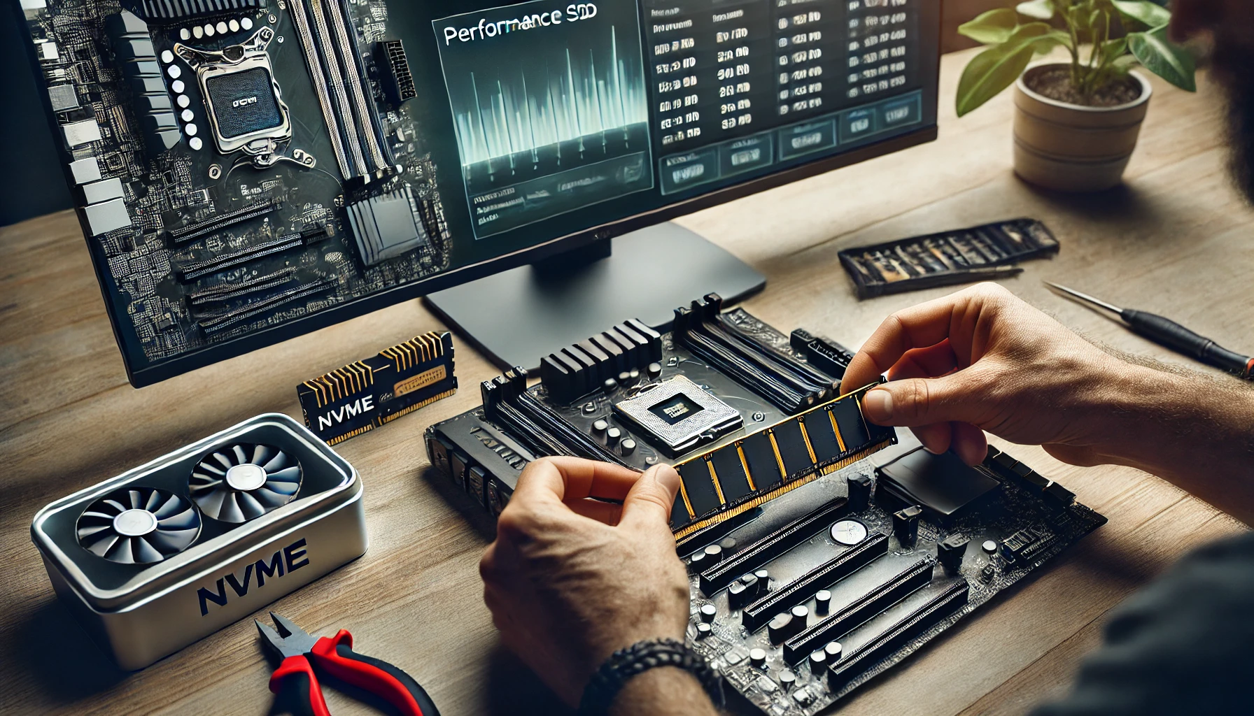 hands installing an NVMe SSD and RAM into the motherboard